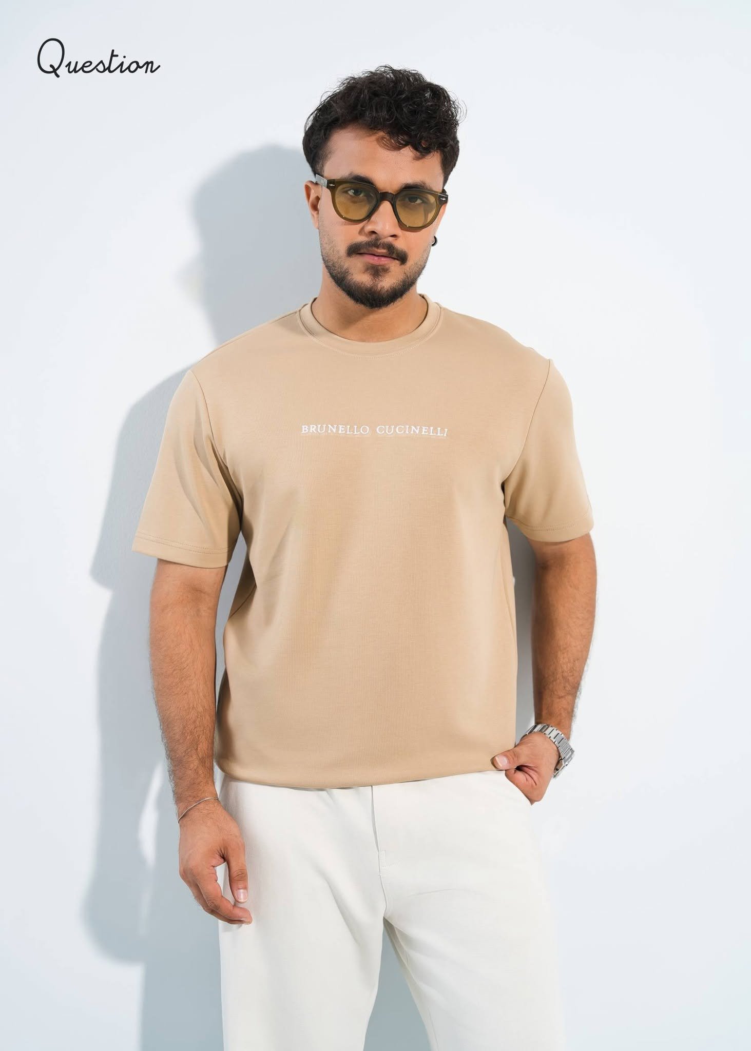 793203979_1406452601593646_8289640844267071138_n Question Premium Regular Fit T-Shirt - Light Khaki - Image 1